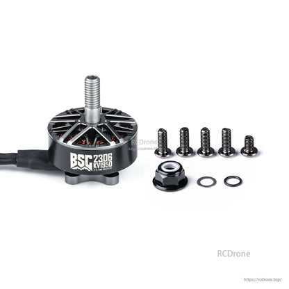 MAD BSC2306 V1.0 FPV drone motor, MAD BSC2306 V1.0 FPV drone brushless motor with 1950KV label, mounting screws, prop nut and washers