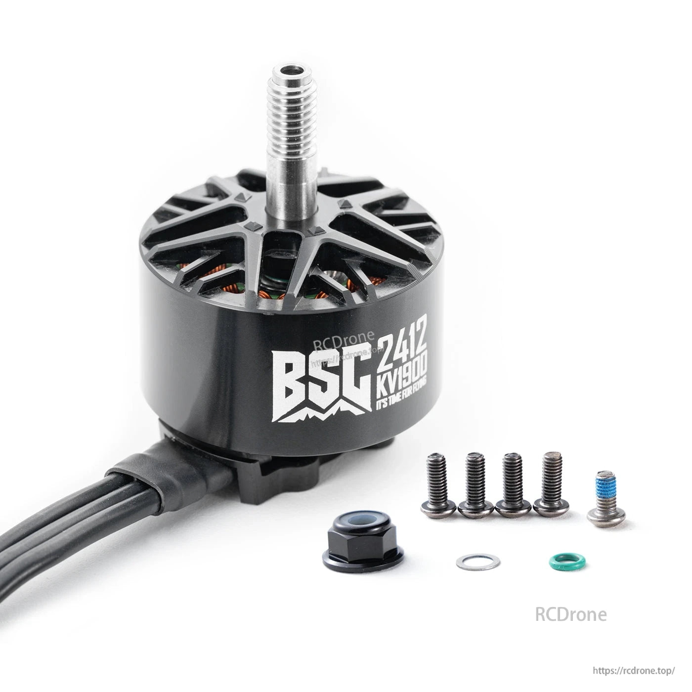 MAD BSC2412 V1.0 1900KV Brushless FPV Drone Motor, MAD BSC 2412 V1.0 1900KV brushless FPV drone motor with threaded shaft, wires, and mounting screws