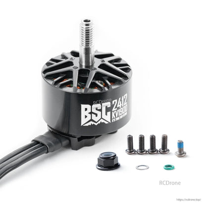 MAD BSC2412 V1.0 1900KV Brushless FPV Drone Motor, MAD BSC 2412 V1.0 1900KV brushless FPV drone motor with threaded shaft, wires, and mounting screws