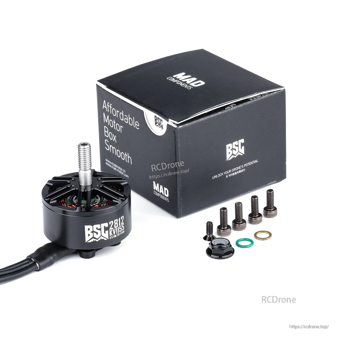 MAD BSC2812 V1.0 FPV Drone Motor, MAD BSC2812 FPV drone motor with threaded shaft, mounting screws, washers and box packaging