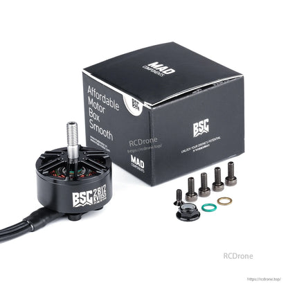 MAD BSC2812 V1.0 FPV Drone Motor, MAD BSC2812 FPV drone motor with threaded shaft, mounting screws, washers and box packaging