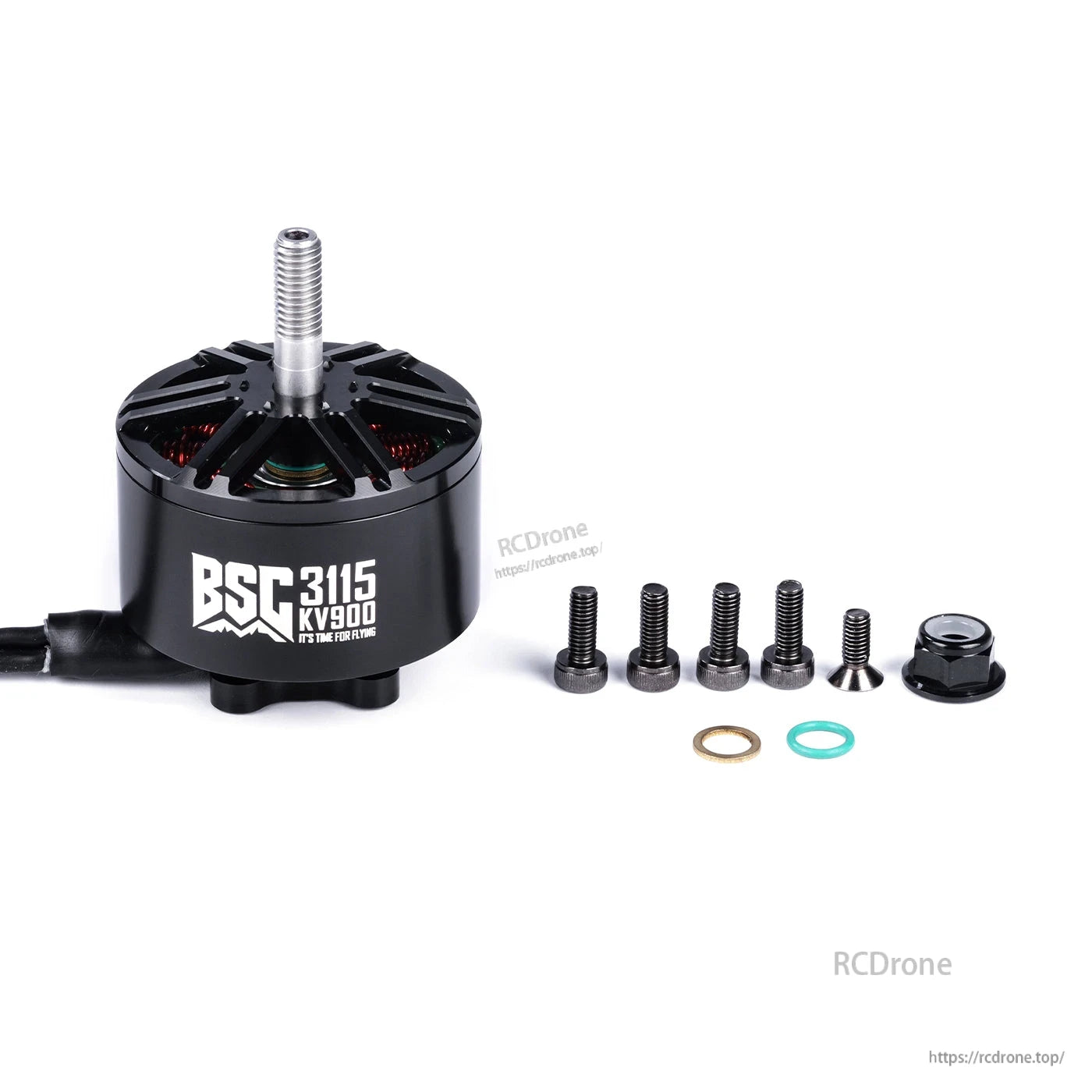 MAD BSC3115 V1.0 FPV Drone Brushless Motor, MAD BSC 3115 KV900 brushless FPV drone motor with mounting screws, washers and lock nut on white background