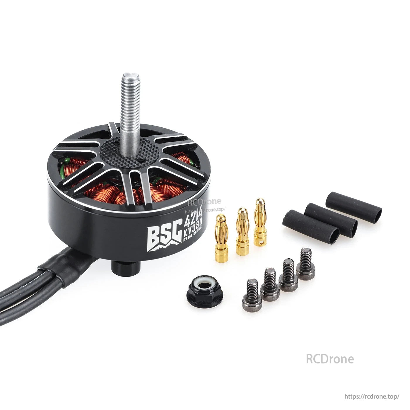 MAD BSC4214 380KV FPV Drone Motor, MAD BSC4214 FPV drone brushless motor with mounting hardware, gold bullet connectors, screws, and heat-shrink
