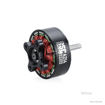 MAD BSC4214 380KV FPV Drone Motor, MAD BSC4214 FPV drone motor with exposed copper windings, black housing and threaded shaft, labeled 380KV