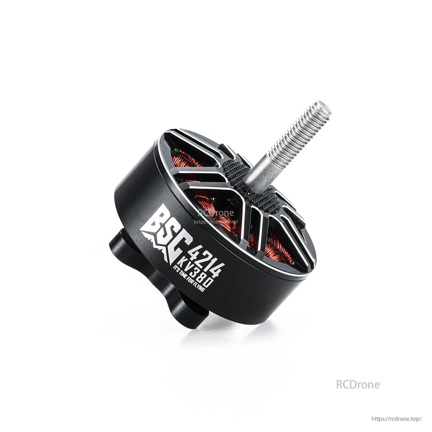 MAD BSC4214 380KV FPV Drone Motor, MAD BSC4214 380KV brushless FPV drone motor with black aluminum bell, exposed copper windings and threaded shaft
