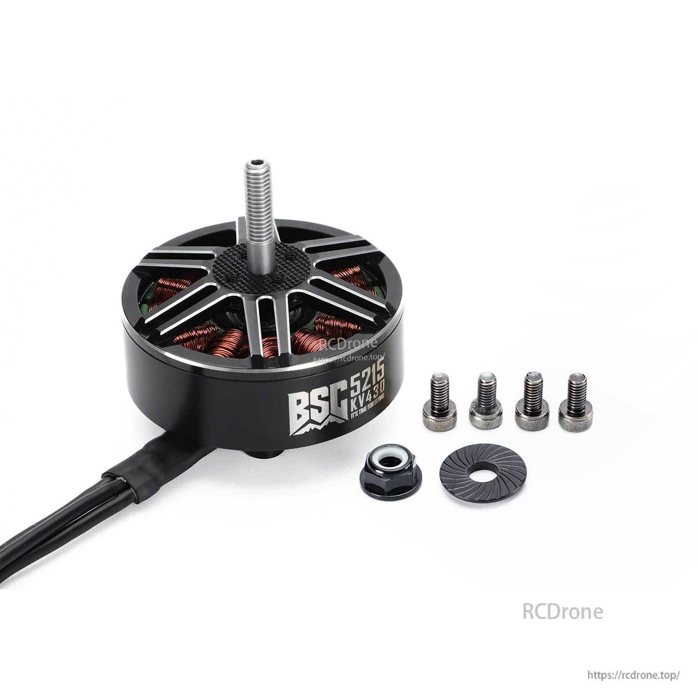 MAD BSC5215 430KV FPV Drone Brushless Motor, MAD BSC5215 430KV FPV brushless drone motor with threaded shaft, copper windings, and mounting hardware