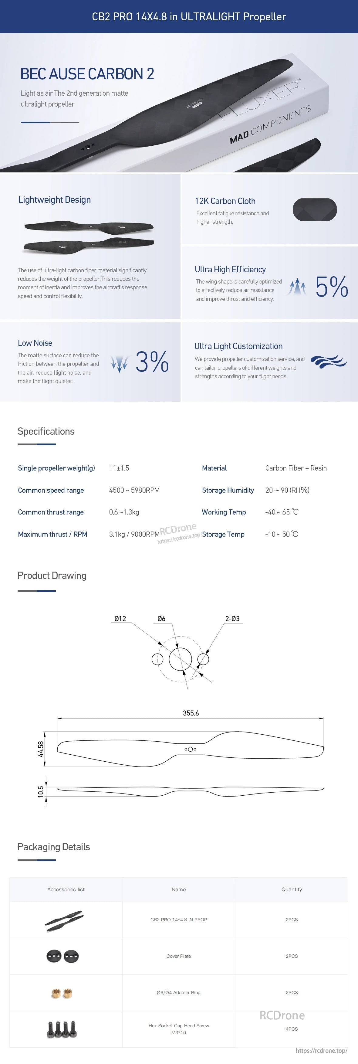 MAD CB2 PRO 14x4.8in Carbon Fiber Propeller, MAD CB2 Pro 14x4.8-inch carbon fiber propeller infographic with blade design, dimensions, and key specs