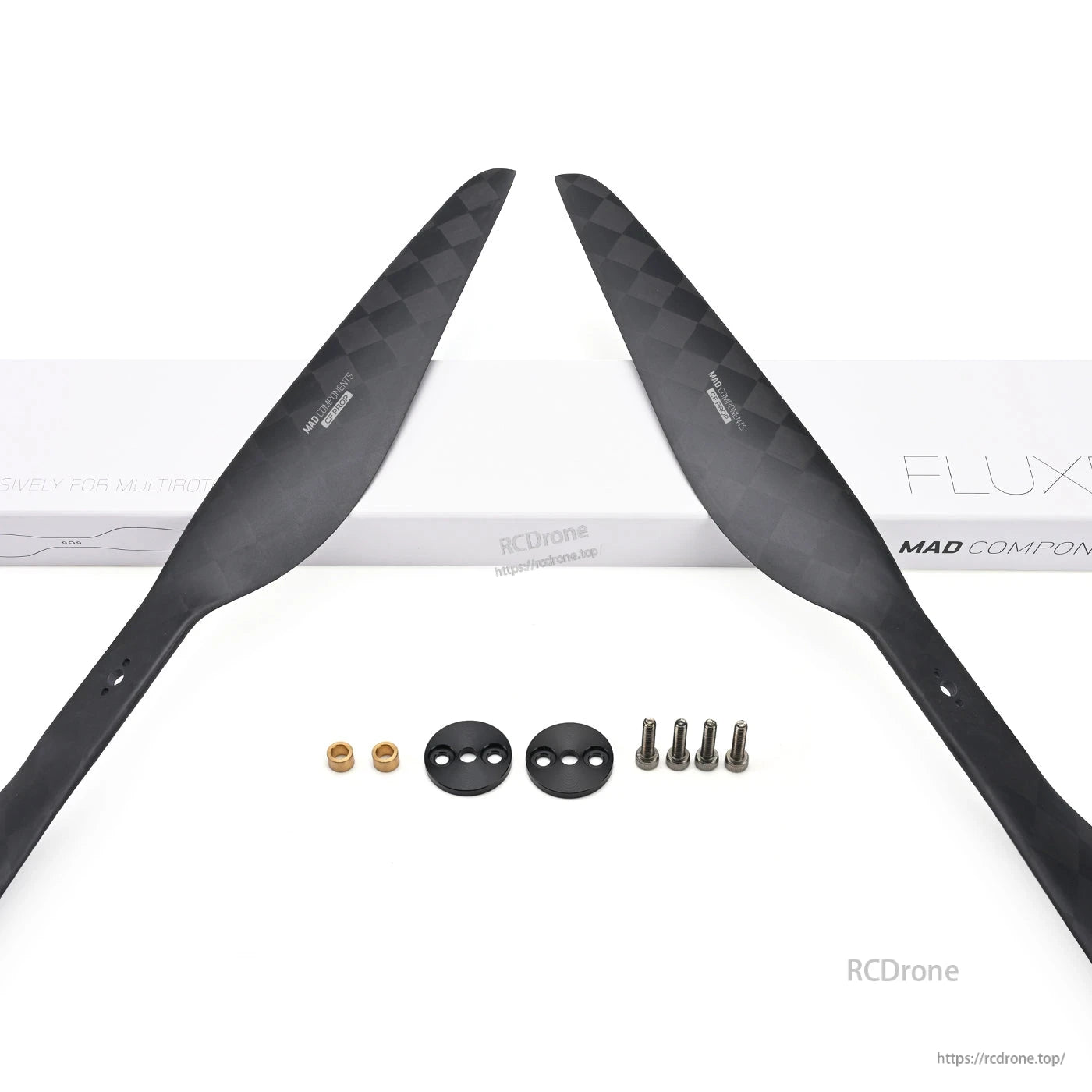 MAD CB2 PRO 18x6.1in Carbon Fiber Propeller, MAD CB2 PRO carbon fiber propeller set with two blades and mounting hardware on white background