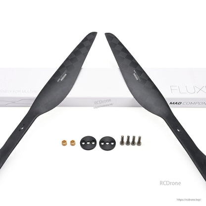 MAD CB2 PRO 18x6.1in Carbon Fiber Propeller, MAD CB2 PRO carbon fiber propeller set with two blades and mounting hardware on white background