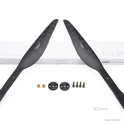 MAD CB2 PRO 20x6.0 in Carbon Fiber Propeller, MAD CB2 PRO 20x6.0 carbon fiber propeller set with two black blades and included hub plates, nuts, and bolts