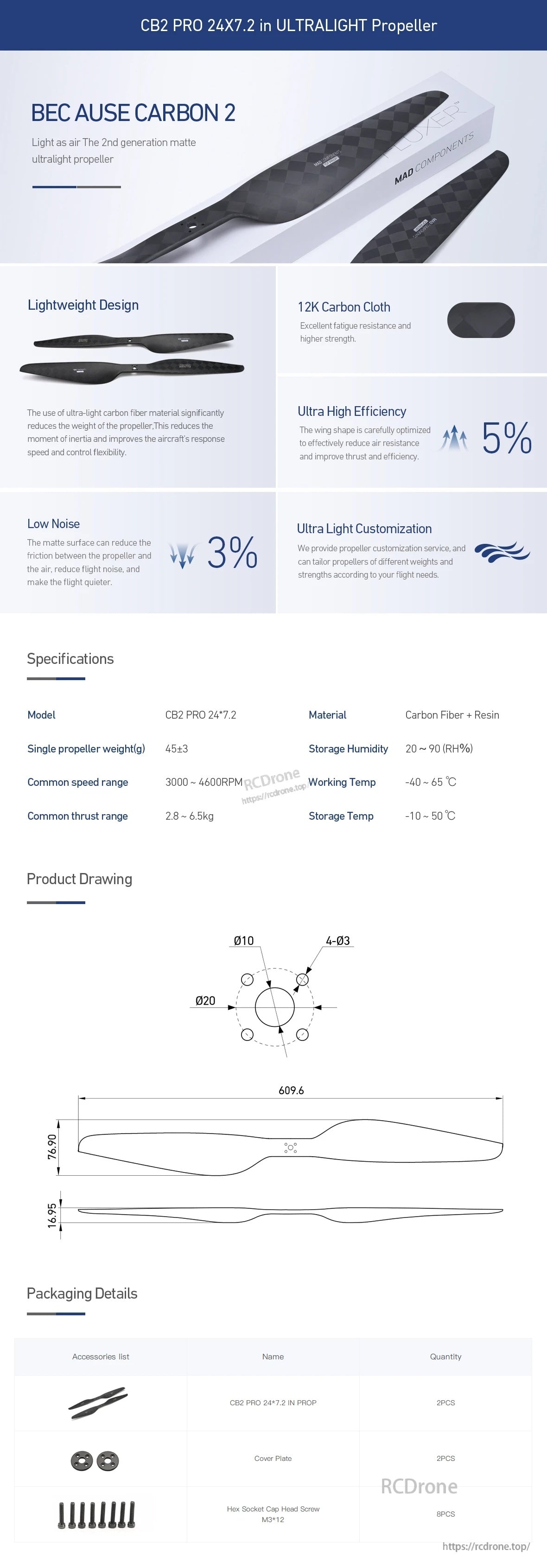 MAD CB2 PRO 24x7.2in Carbon Fiber Propeller, MAD CB2 Pro ultralight carbon fiber propeller spec sheet with dimensions, performance notes, and packaging contents