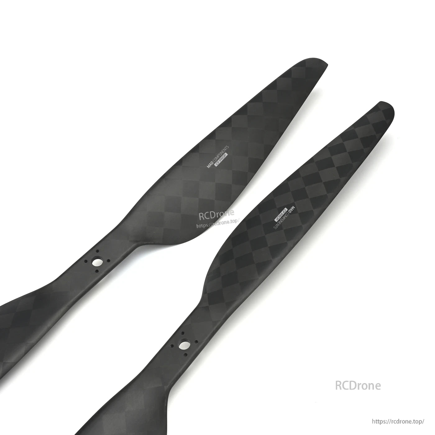 MAD CB2 PRO 24x7.2in Carbon Fiber Propeller, Pair of MAD CB2 PRO carbon fiber 2-blade propellers with a woven finish and pre-drilled mounting holes