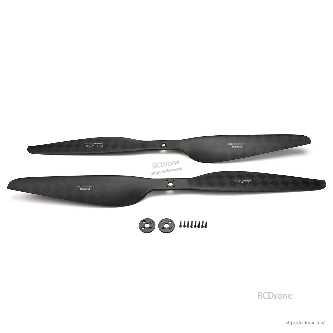 MAD CB2 PRO 26x8.5in Carbon Fiber Propeller, MAD CB2 PRO 26x8.5 carbon fiber propeller blades with mounting hardware set on a white background