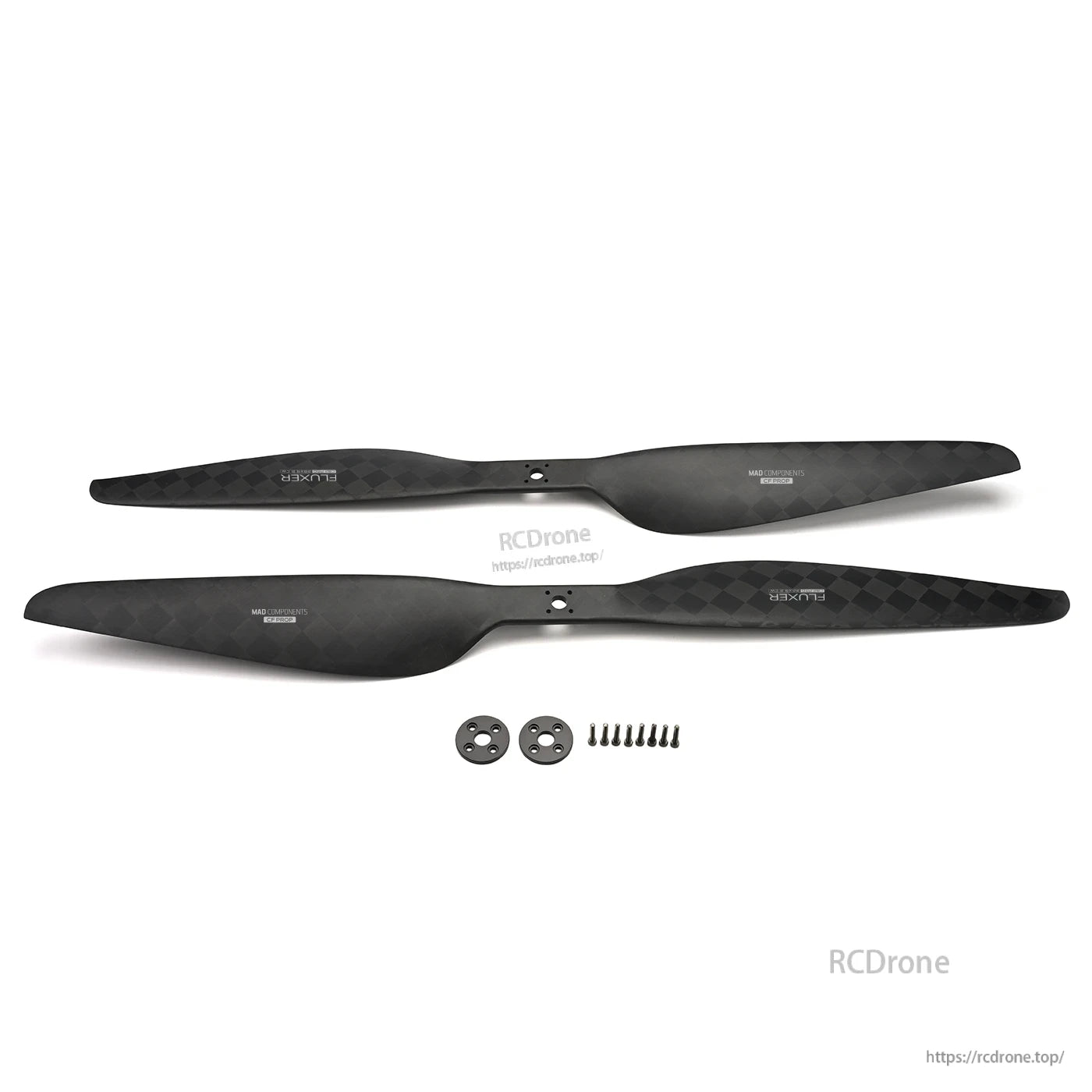 Pair of MAD CB2 PRO 27x8.8in carbon fiber propellers with mounting plates and screw hardware
