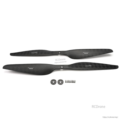 Pair of MAD CB2 PRO 27x8.8in carbon fiber propellers with mounting plates and screw hardware