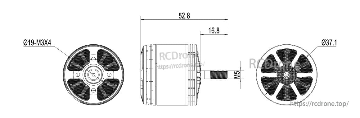 MAD TAURUS CM3115 FPV drone motor dimension drawing with 52.8 mm length, 37.1 mm diameter and M5 shaft
