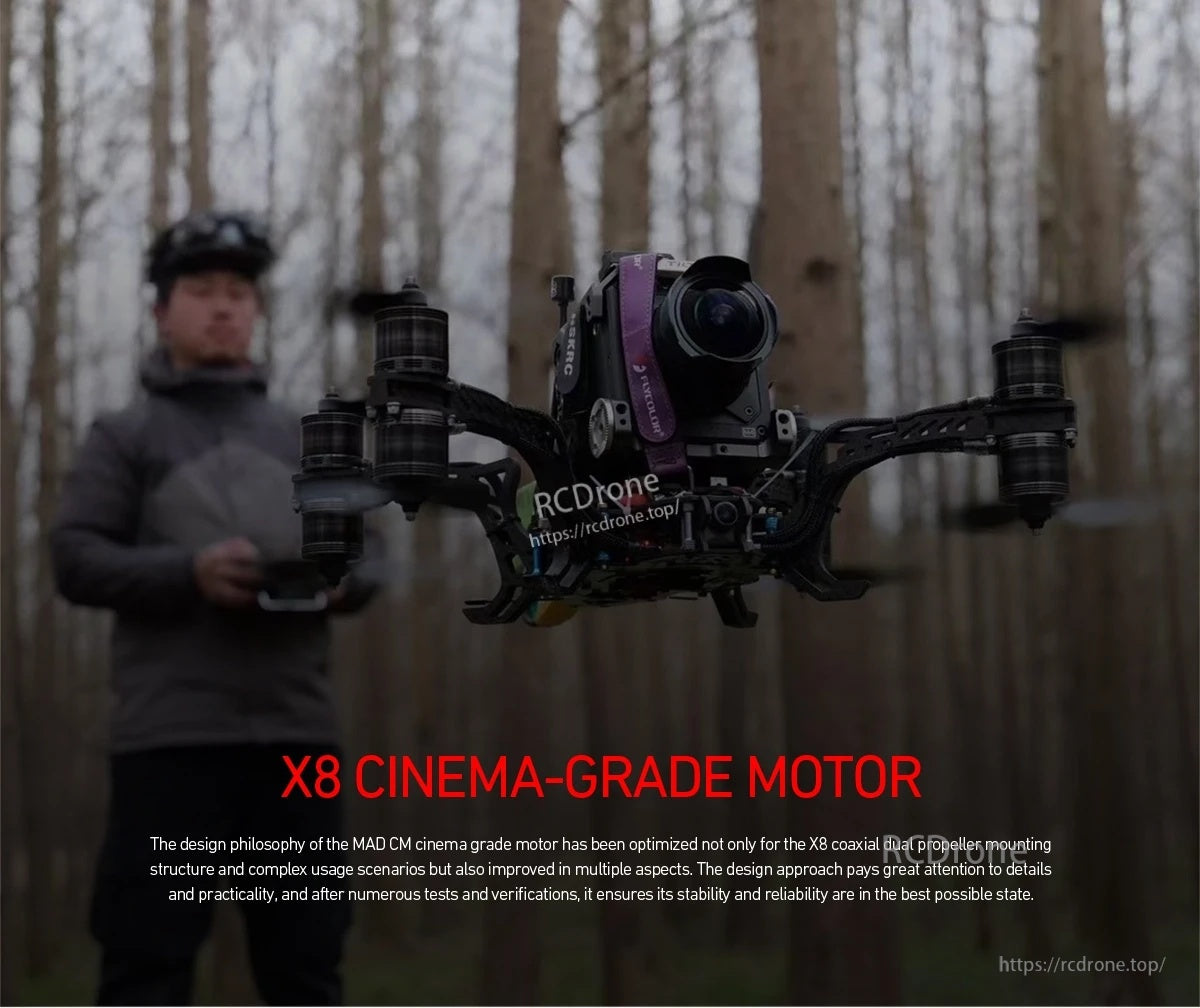 MAD TAURUS CM3115 FPV Drone Motor, FPV cine drone with coaxial X8 motor setup and front-mounted camera, labeled “X8 cinema-grade motor”.