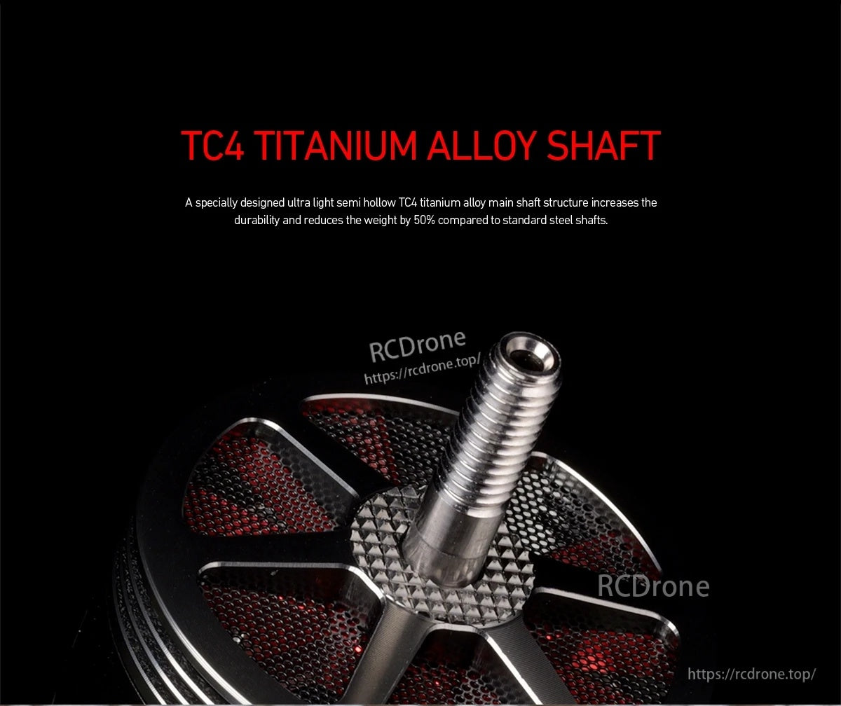 Close-up of MAD TAURUS CM3115 FPV drone motor top with threaded TC4 titanium alloy shaft