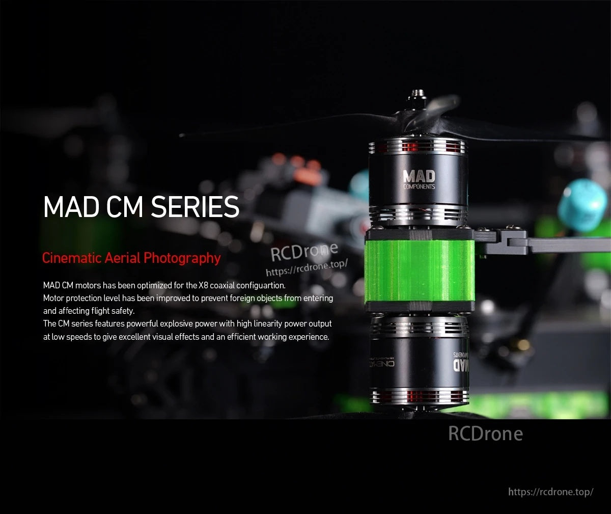 MAD TAURUS CM3115 FPV Drone Motor, MAD TAURUS CM3115 MAD CM series FPV drone motor close-up with black housing and green protective band