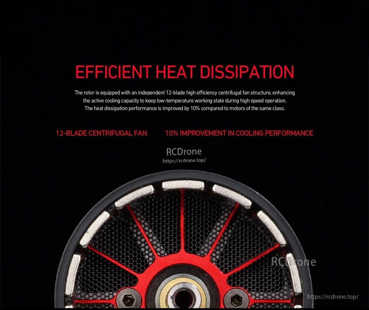 MAD TAURUS CM3115 FPV drone motor top view with red spoke design and 12-blade centrifugal cooling fan