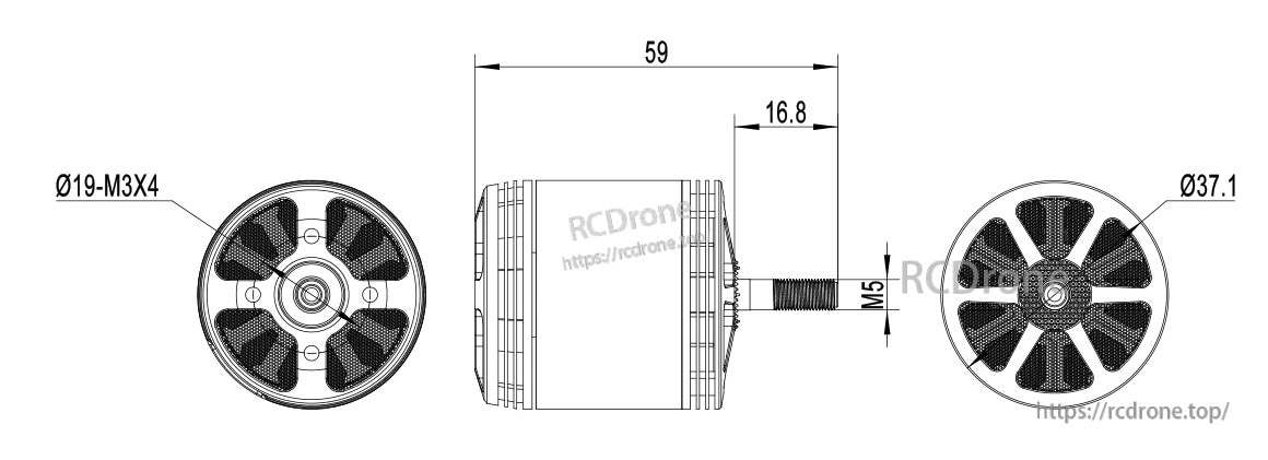 MAD BANSHEE CM3120 V1.0 FPV drone motor dimension drawing with Ø37.1 body, M5 shaft, and Ø19 M3 mount