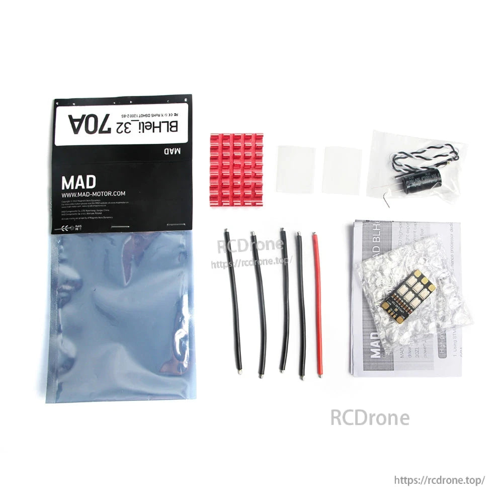 MAD Components BLHeli_32 70A 2-8S Drone ESC, MAD Components BLHeli_32 70A drone ESC kit with heatsink, capacitor, wire leads, pads, and manual