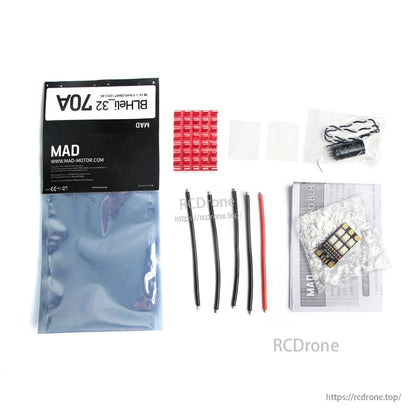 MAD Components BLHeli_32 70A 2-8S Drone ESC, MAD Components BLHeli_32 70A drone ESC kit with heatsink, capacitor, wire leads, pads, and manual