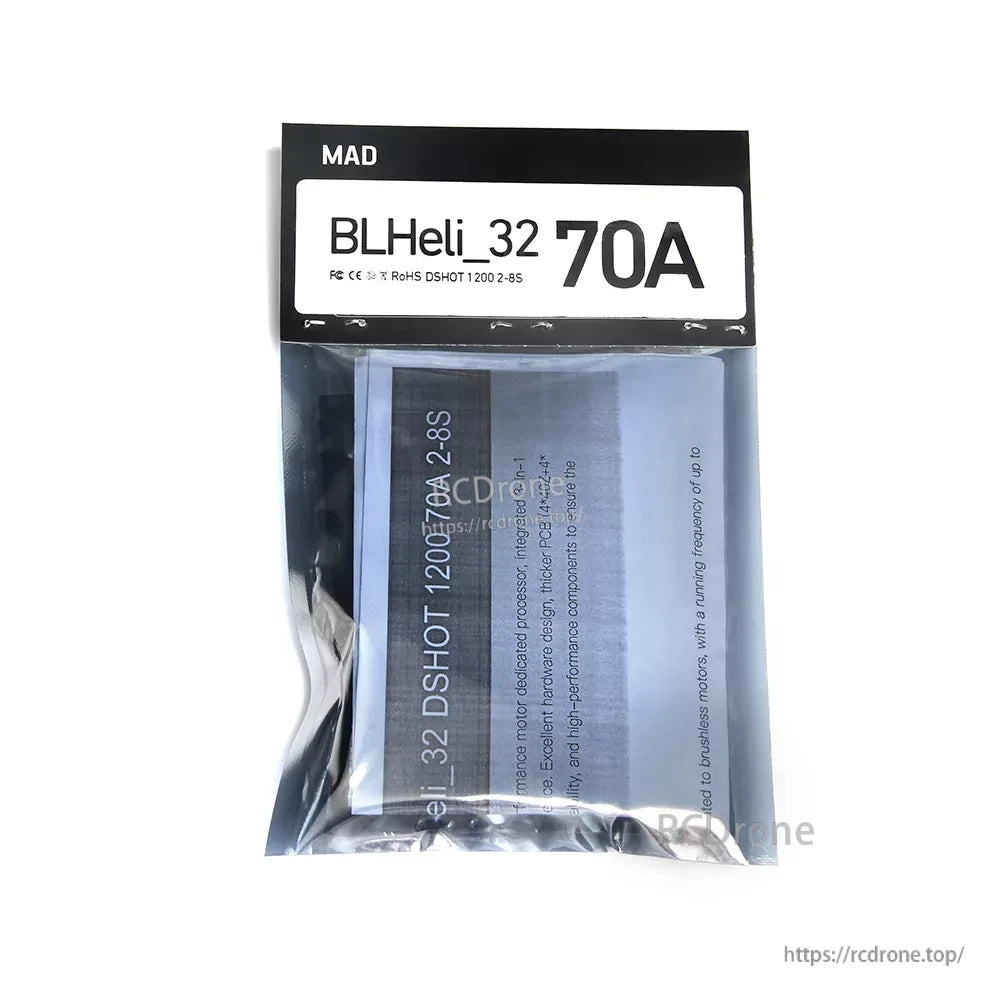 MAD Components BLHeli_32 70A 2-8S Drone ESC, MAD BLHeli_32 70A drone ESC in sealed packaging, with the controller board and wiring visible inside