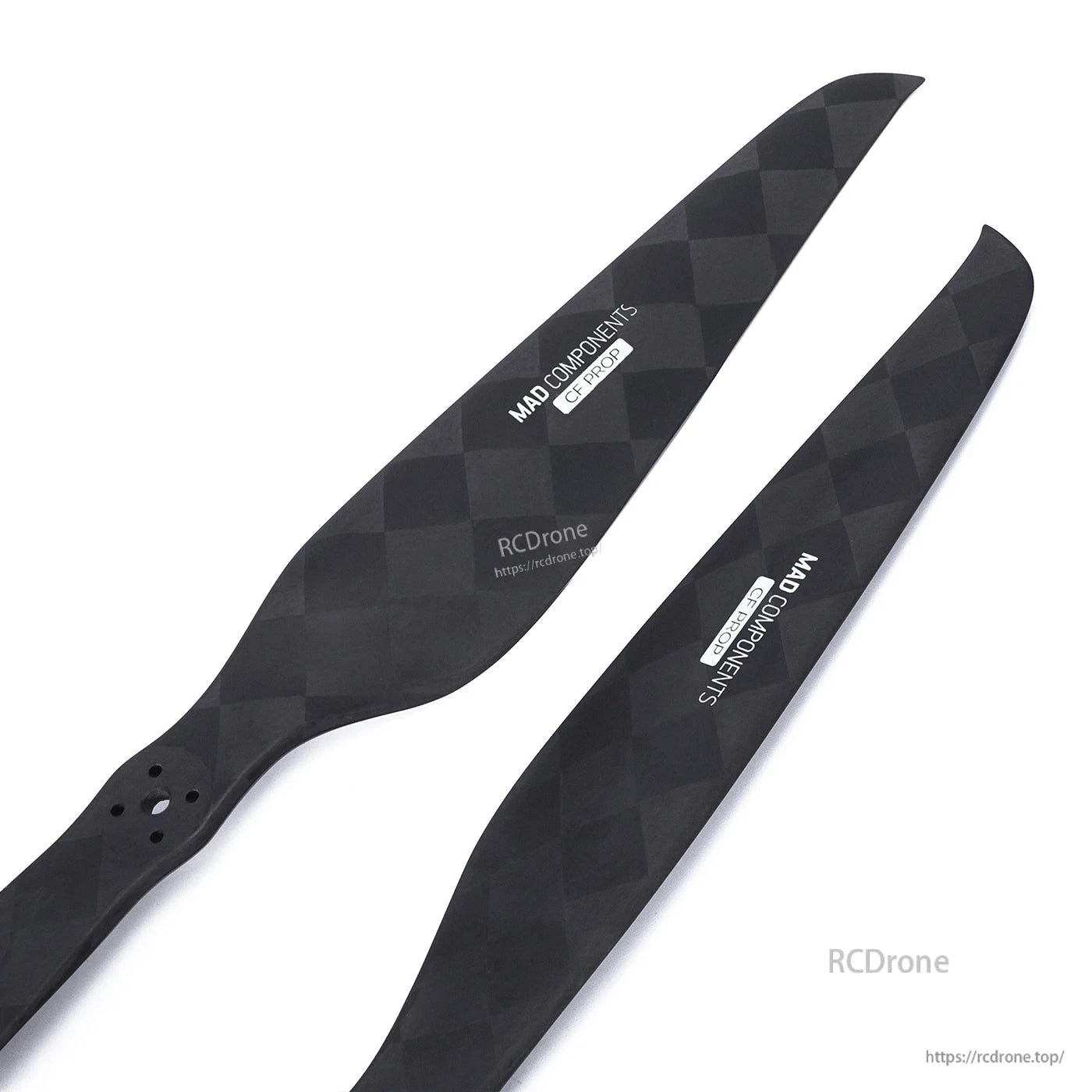 Pair of MAD Components carbon fiber drone propeller blades with checker weave finish and mounting holes