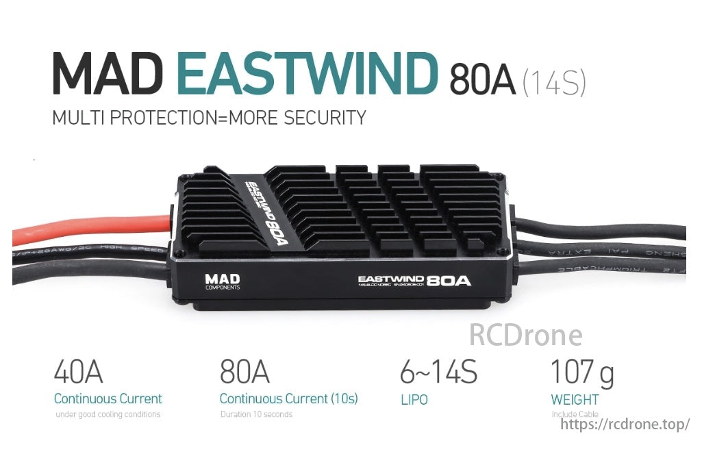 MAD EASTWIND 80A BLDC 6-14S Drone ESC, MAD EASTWIND 80A (14S) provides multi-protection, supports 40A continuous/80A burst current, 6-14S LIPO, weighs 107g with cable.