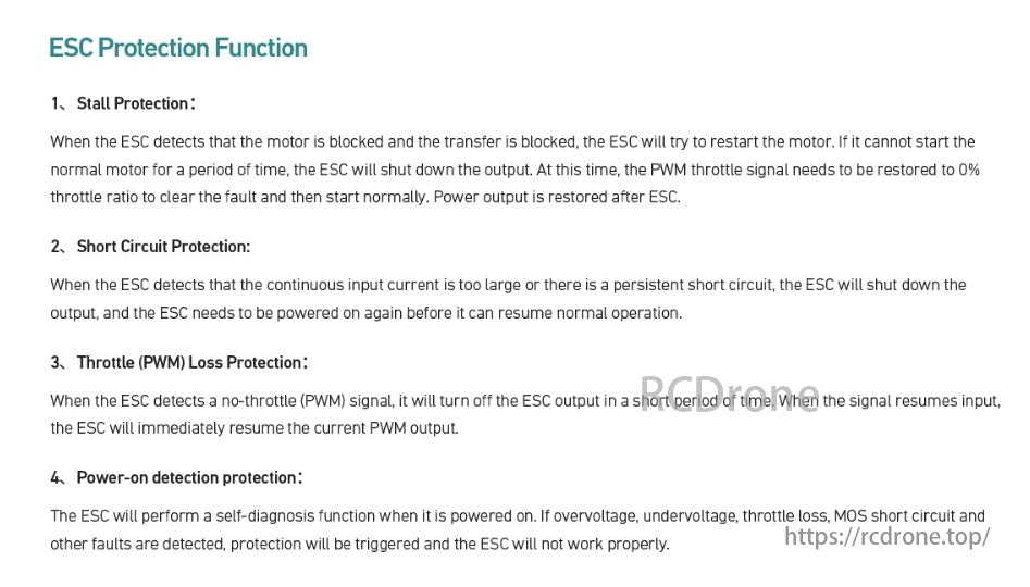 MAD EASTWIND 80A BLDC 6-14S Drone ESC, ESC Protection Function safeguards against stalls, short circuits, throttle loss, with self-diagnosis for safe operation, auto-restart, and fault shutdown.