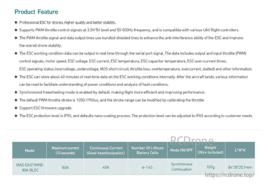 MAD EASTWIND 80A BLDC 6-14S Drone ESC, MAD EASTWIND 80A BLDC ESC offers PWM support, shielded lines, data output, storage, freewheeling, customizable stroke, firmware upgrade, IP55 protection.