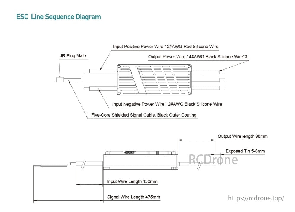 MAD EASTWIND 80A BLDC 6-14S Drone ESC, Diagram outlines ESC wiring: JR Plug, 12#AWG red/black for power input, 14#AWG black for output, five-core shielded signal cable; lengths specified.