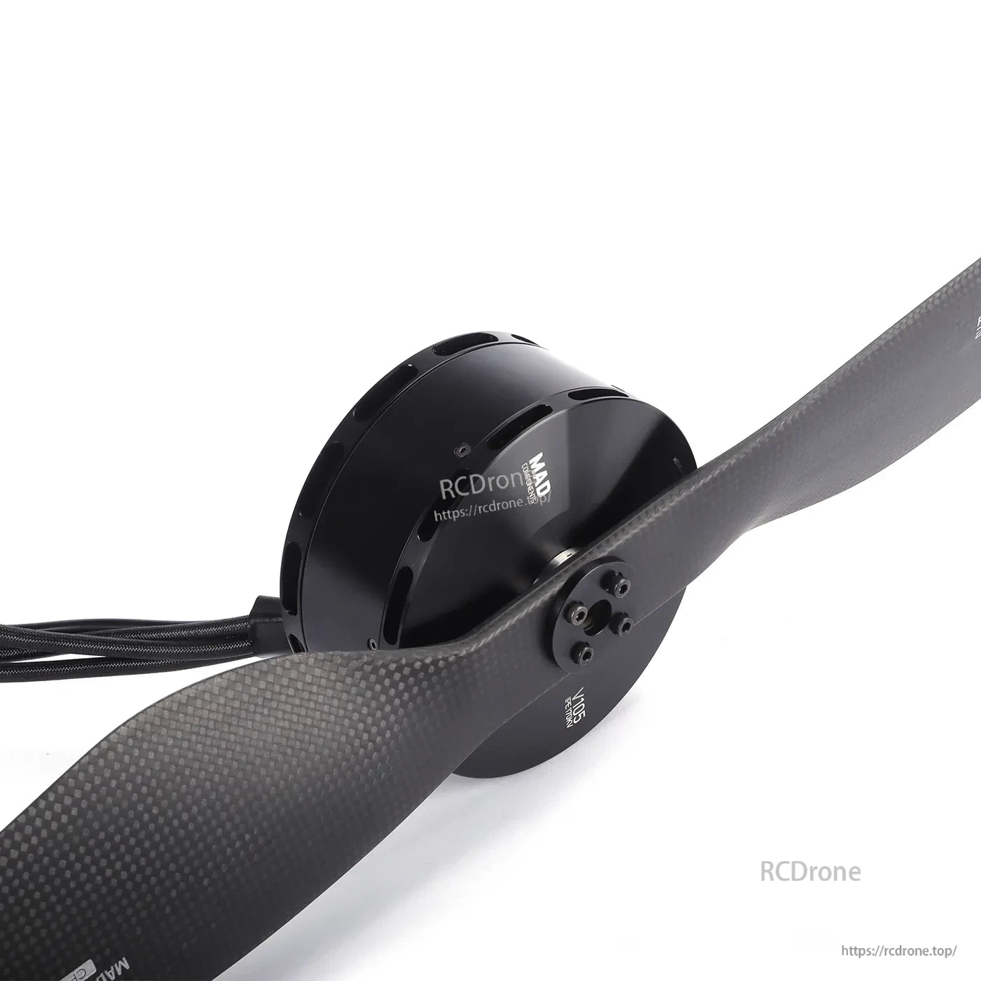 MAD ENCR V105 eVTOL autocenter motor with carbon-fiber propeller attached and power leads