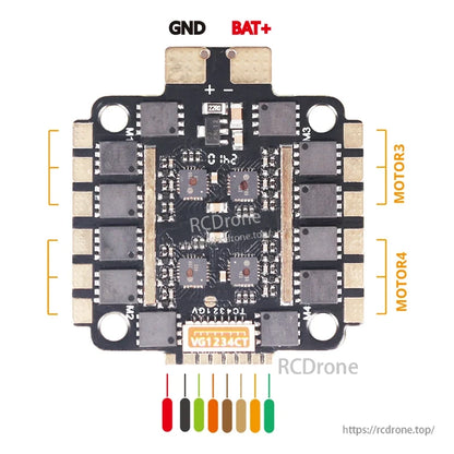 MAD F405 70A Stack STM32F405 Flight Controller, MAD F405 70A stack 4-in-1 ESC board with BAT+ and GND pads and labeled motor outputs