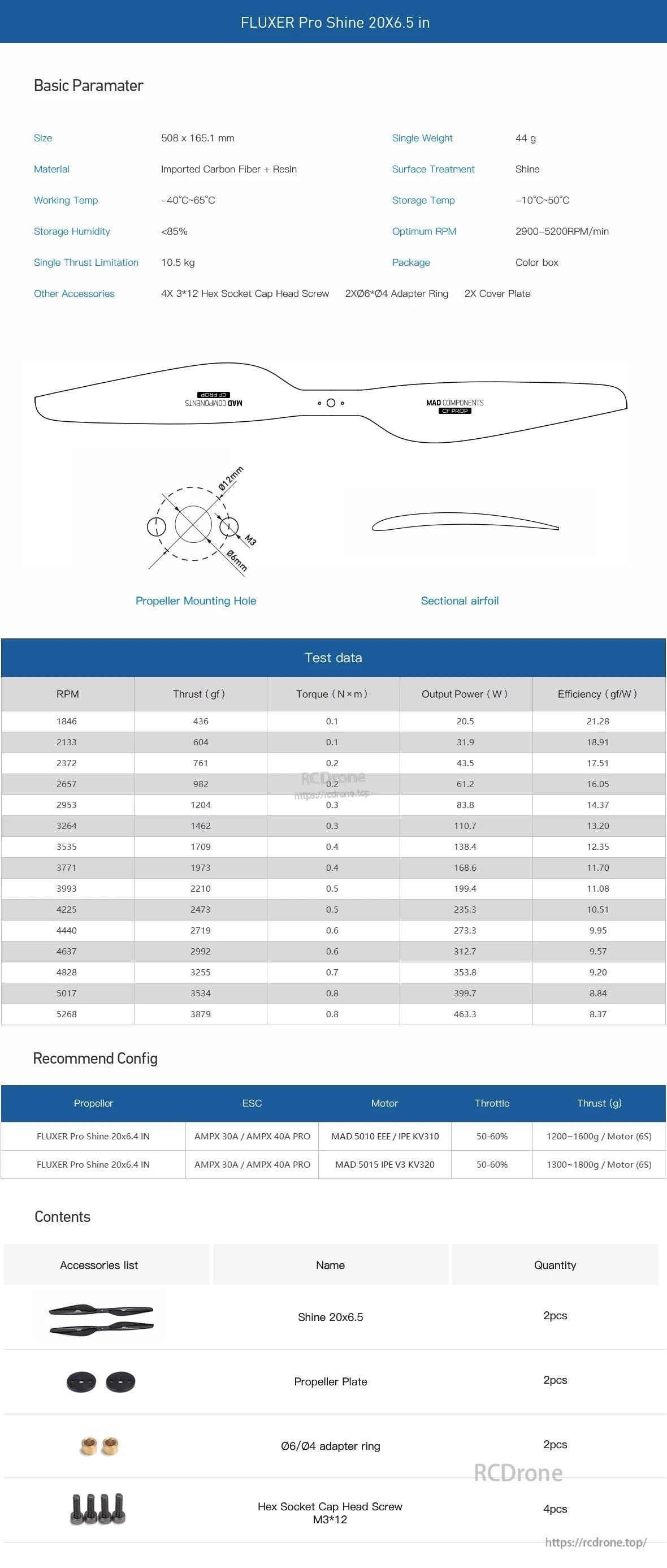 MAD FLUXER Pro Shine 20x6.5in glossy drone propeller spec sheet with mounting pattern, dimensions, and test data table