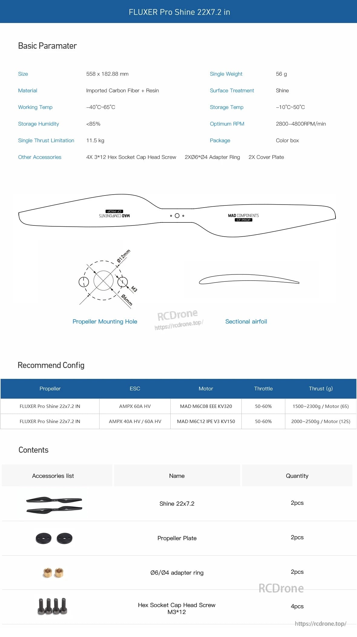 FLUXER Pro Shine 22x7.2 in carbon fiber drone propeller spec sheet with mounting diagram and included plates, adapters, screws
