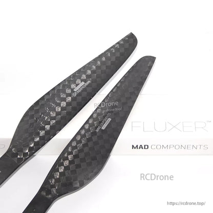 MAD FLUXER 28x9.2 Carbon Fiber Propeller, MAD FLUXER carbon fiber propeller blades with black woven finish and MAD Components branding