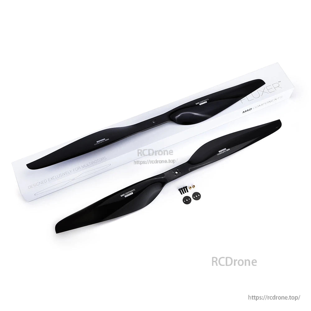 MAD FLUXER 36x11.5 inch series drone propeller set with two black blades, box packaging, and mounting hardware