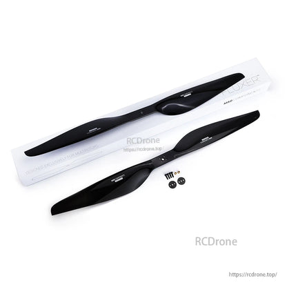 MAD FLUXER 36x11.5 inch series drone propeller set with two black blades, box packaging, and mounting hardware