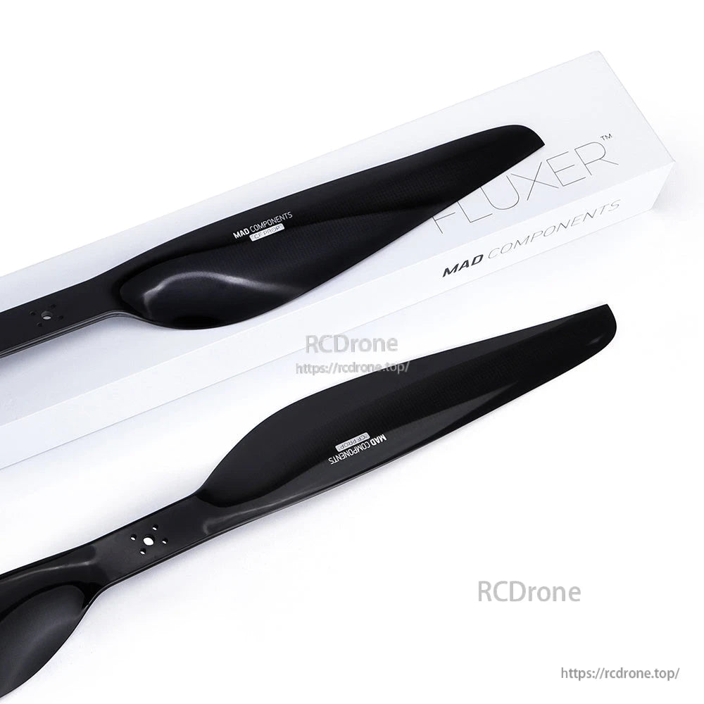 MAD FLUXER 36x11.5 Inch Series Drone Propeller, MAD FLUXER 36x11.5 inch series black drone propeller blades with mounting holes and branded box