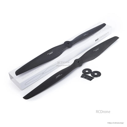 MAD FLUXER EVTOL Carbon Fiber Propeller, MAD Fluxer carbon fiber eVTOL propeller set with two blades, mounting plates, and screws on box