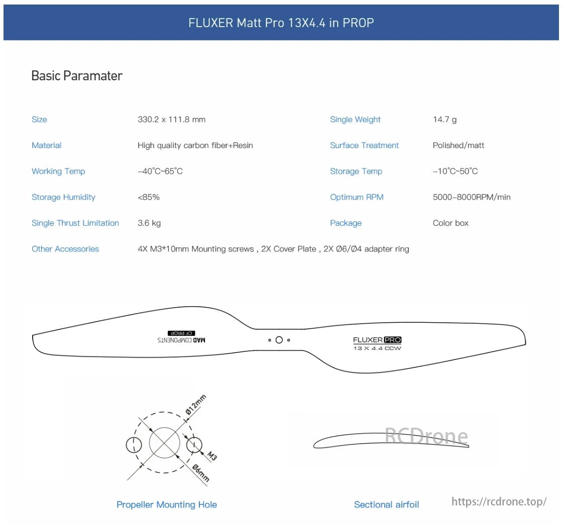 MAD Fluxer 13x4.4 Prop, The FLUXER Matt Pro 13X4.4 propeller is a high-quality carbon fiber and resin model with a thrust of 3.6 kg, weighing 14.7 grams, ideal for temperatures from -40°C to 65°C, and performs optimally at 5000-8000 RPM.