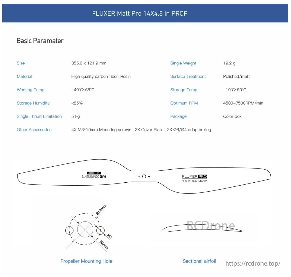 MAD Fluxer Propeller, The FLUXER Matt Pro 14X4.8 propeller is a high-quality carbon fiber and resin model, measuring 355.6 x 121.9 mm, weighing 19.2 g, with a thrust limit of 5 kg, optimal RPM range of 4500-7500, and includes accessories in a color box.