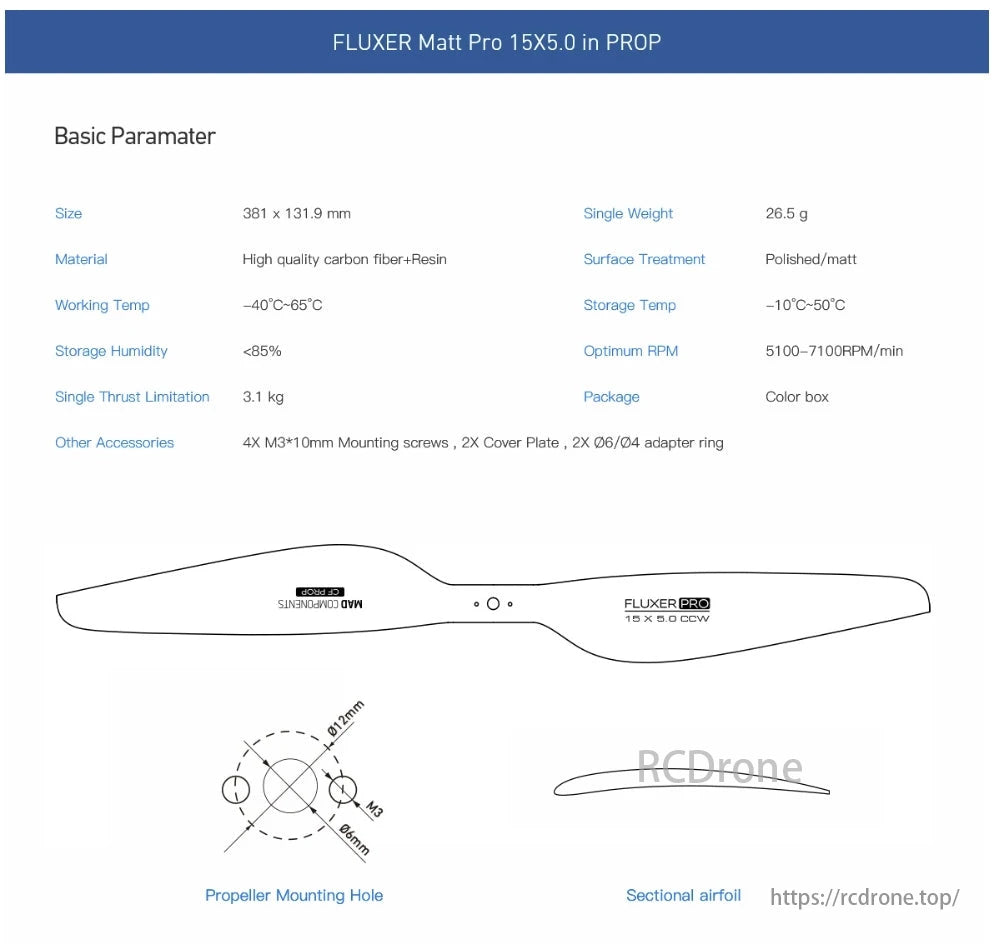 MAD Fluxer Drone Prop, FLUXER Matt Pro 15X5.0 propeller is a carbon fiber and resin PROP with specific dimensions, weight, temperature range, thrust limit, RPM, and includes mounting accessories.