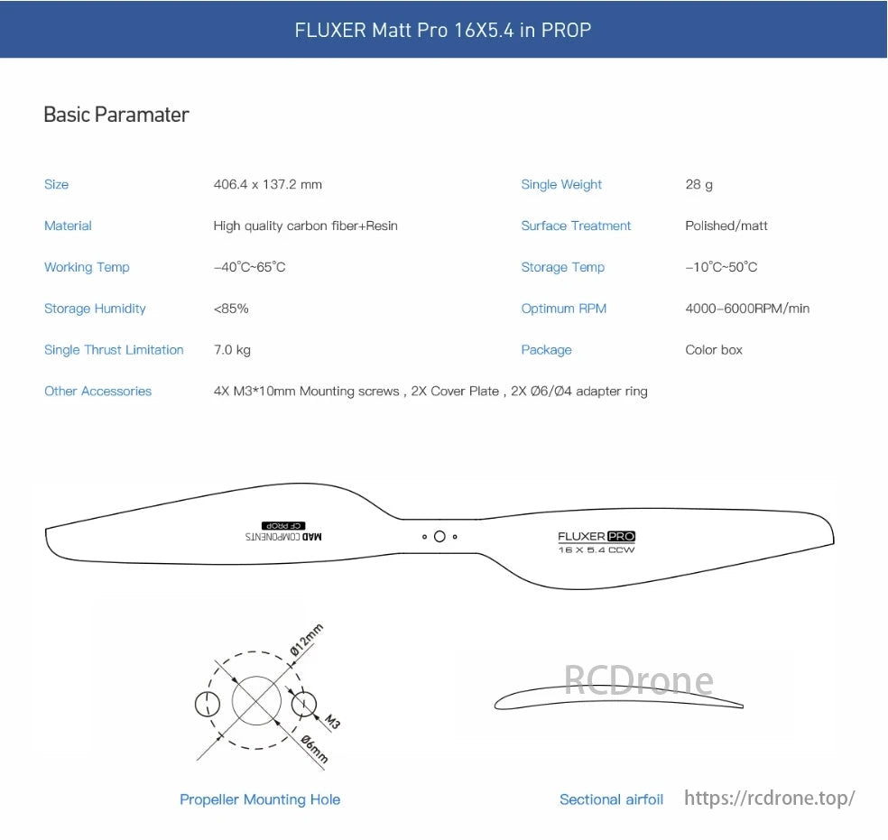 MAD Fluxer Pro Drone Prop, The FLUXER Matt Pro 16X5.4 propeller is a carbon fiber and resin model, sized 406.4 x 137.2 mm, weighing 28 g, with a thrust limit of 7 kg and optimal RPM of 4000-6000. Includes accessories.