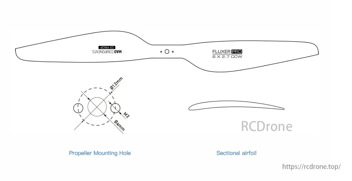 MAD Fluxer Pro Prop, FLUXER PRO 8 x 2.7 CCW propeller features mounting hole and sectional airfoil design for optimal performance.