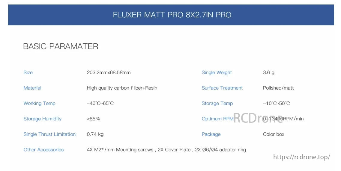 MAD Fluxer Pro Prop, FLUXER MATT PRO 8X2.7IN PRO: 203.2mmx68.58mm size, 3.6g weight, carbon fiber+resin, -40°C to 65°C, 0-13400RPM, 0.74kg thrust, includes screws, plates, rings.