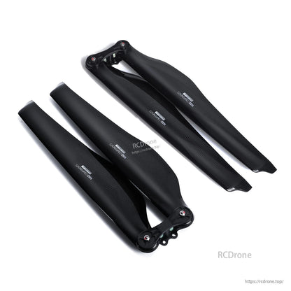 Carbon fiber folding drone propeller blades with hub mounts, 26.2x8.5in glossy black multirotor prop set