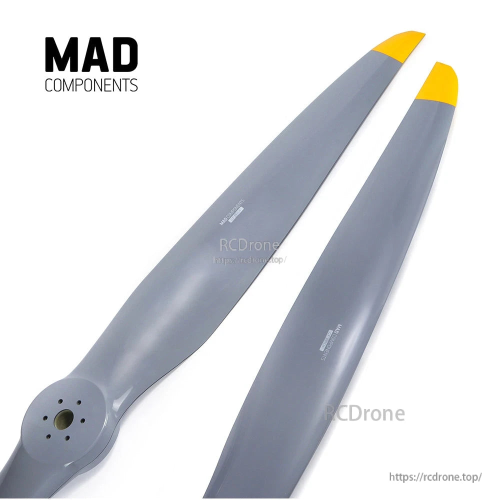 MAD Components Fluxer Pro paramotor propeller blades with grey matte finish, yellow tips, and multi-hole hub mount